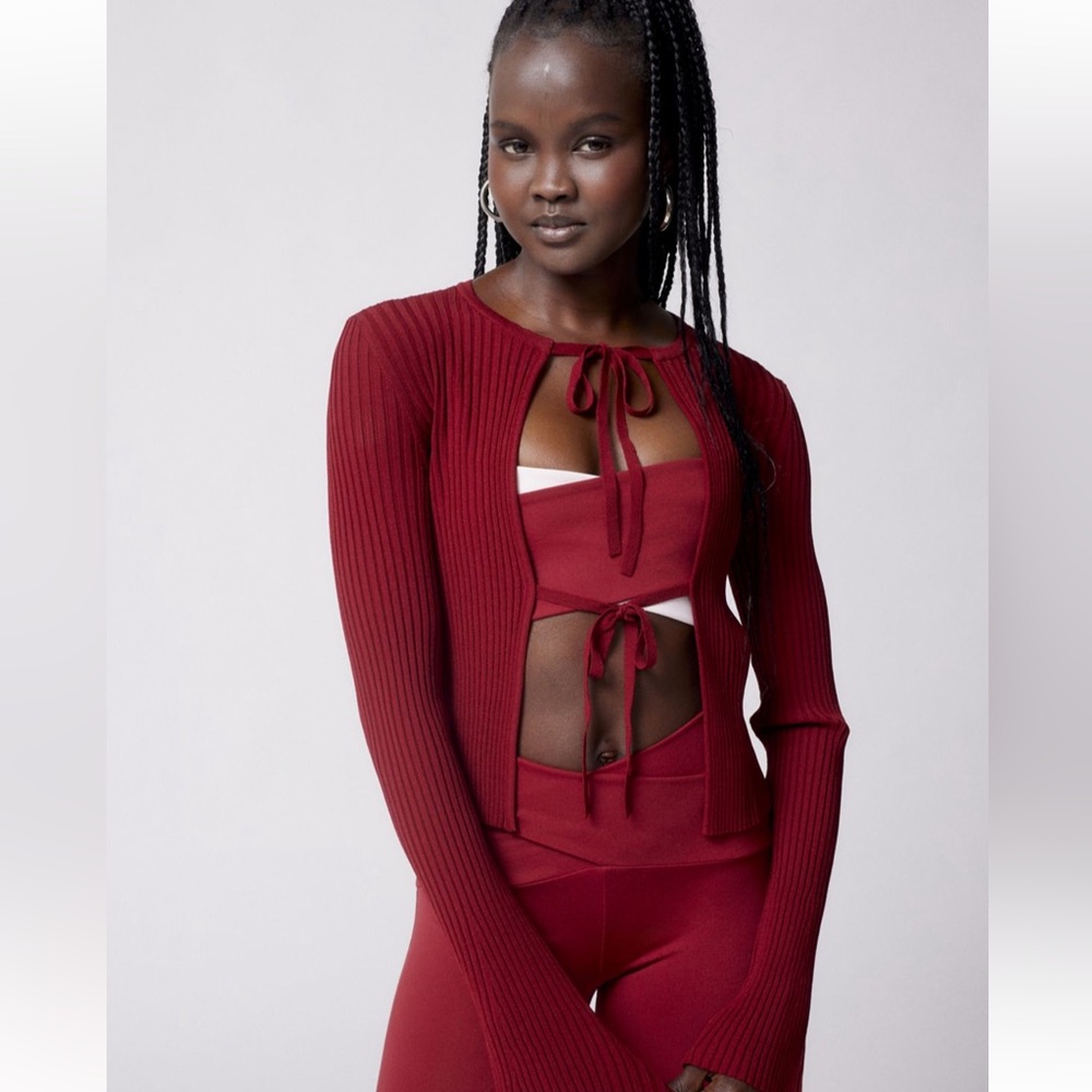 Urban Outfitters Live The Process Juno Ribbed Tie- Front Cardigan Maroon Medium
